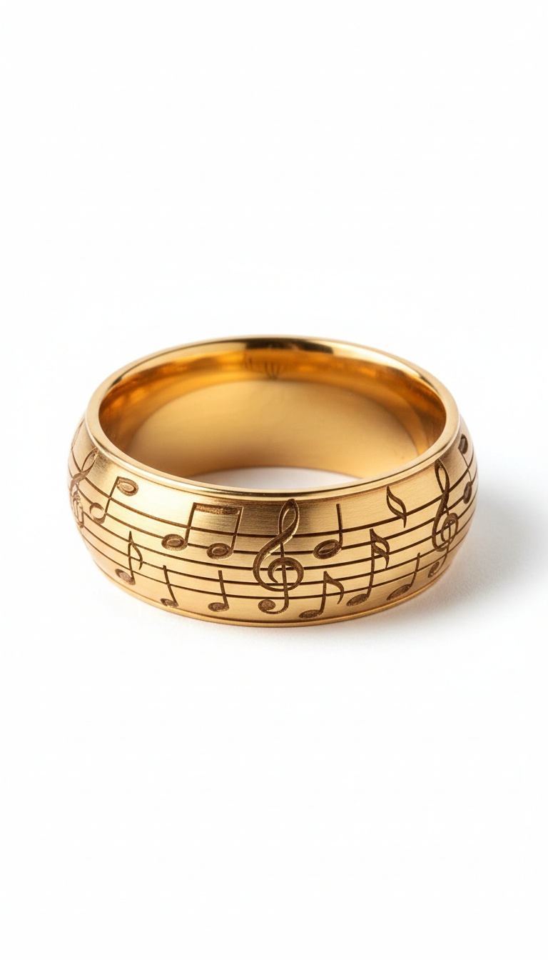 A gold band ring engraved with a bar of sheet music, photographed on white.